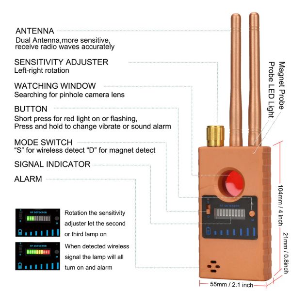 Alarme de segurança do detector Anti -Candid Camer Detector GPS Locator GPS Wireless Audio Magnetic Finder Scanner RF Signal Hidden Camer