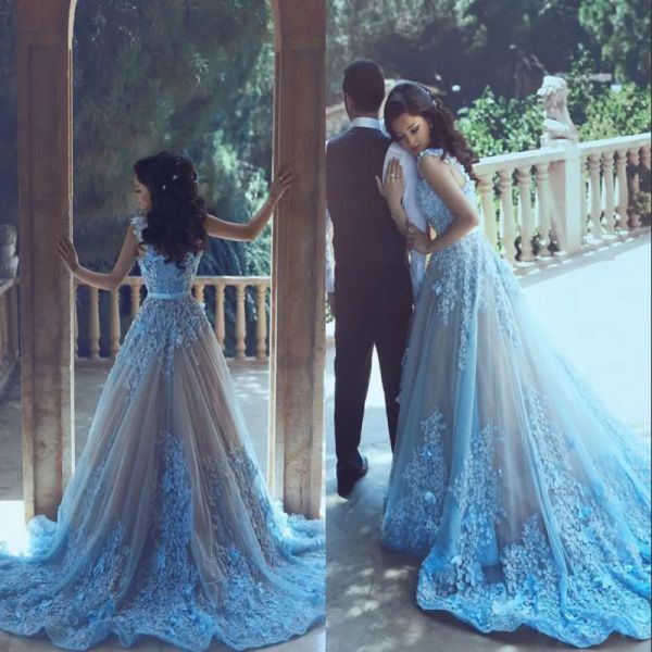 Kleider Eisblaue Prinzessin Prom Kleider mit langen Zug Applikationen Schärpe Tüll besondere Anlässe Kleider Abend Kleidung sagt Mhamad Brautkleider
