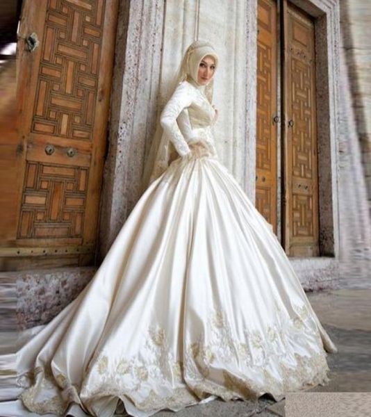 Vestido de noiva muçulmano vestido noivo 2019 modestos mangas compridas vestido de noiva aplicado vestido de noiva de cetim vestido de noiva túmulo de mariagem2427019