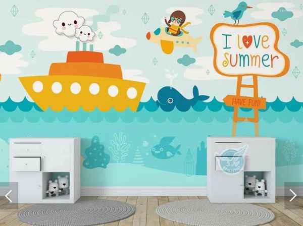 Papéis de parede Carton nórdico Murais de papel de parede de quarto para crianças para a sala de decoração de casa Rolls de papel para personalizar personalizar navio oceano