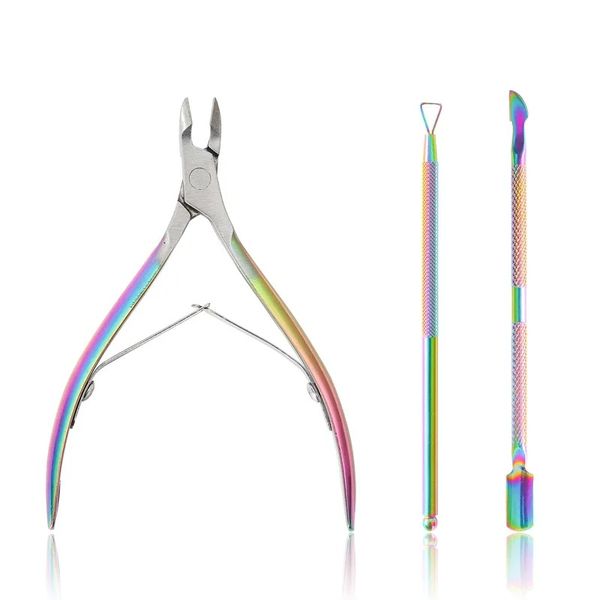 2024 3 pezzi Set Rainbow in acciaio in acciaio in acciaio in acciaio in acciaio per unghie sparali morti gel skin polacco rimodellano per le nail art strumenti di cura della manicure per arcobaleno