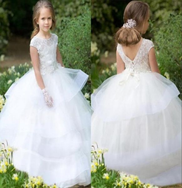 Vestido de baile elegante Country 2022 Flor Girls Dresses Sheer Disc Neck Ruffles Tulle Mangas curtas Primeira Comunhão Vestido de Concurso para Girls1038041