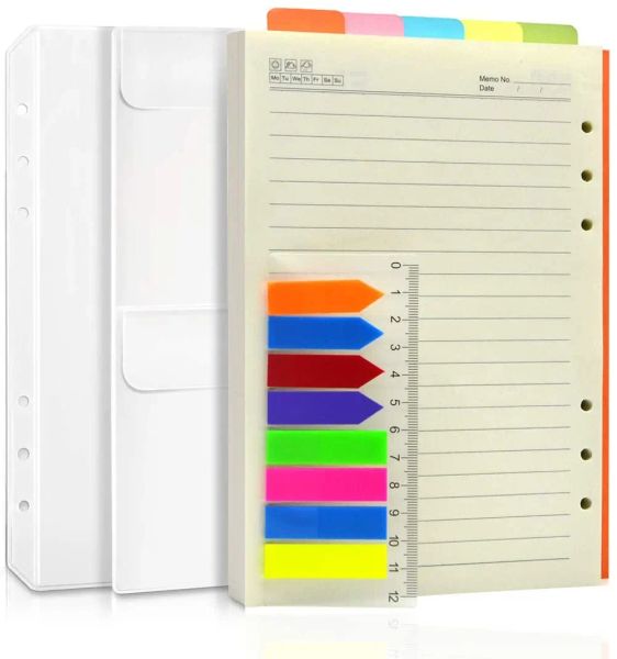 Notebooks A5 A6 6 Acessórios para planejadores de anel (papel de recarga forrado, 5 divisores de índice coloridos, bolsos de folhas soltas, régua de etiqueta colorida