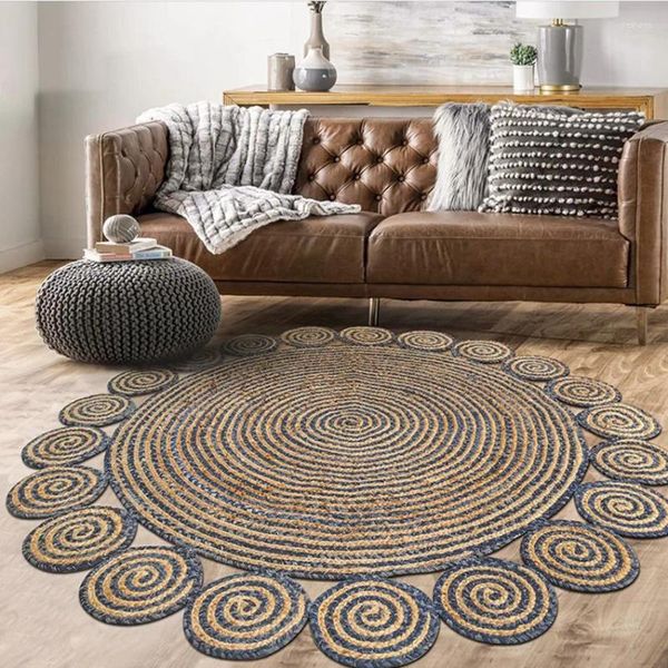 Teppiche handgefertigte natürliche Jute -Fläche Rug Amerikaner Stil rund geformt Vintage Dekorative Nachtteppichmatte für den Sommer für den Sommer