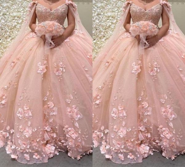 2022 Романтические розовые 3D цветочные цветы Ball Plants Quinceanera Promes с Cape Wrap Caftan Sexy Crystal Beadered Long Sweet 8770611