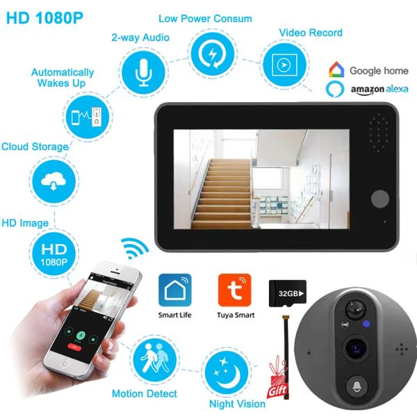 Türklingel Tuya Smart Video Türklingel Home Peephole Türklingel 1080p Kamera WiFi 4,3 Zoll HD Night Pir Wireless Call Chime Alexa Türglocke