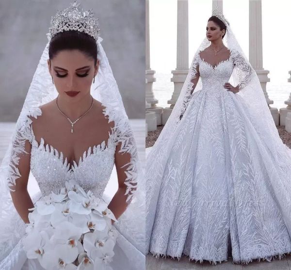 Vestidos vestido de bola árabe de contas luxuosas vestidos de noiva vestidos de noiva de renda tule 3d apliques lantejacas equipadas vestidos de noiva mais tamanho bes12