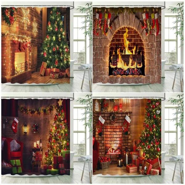 Duschvorhänge Weihnacht Kamin Weihnachtsbaum Geschenkjahr Wand Hanging Polyester Stoff Badezimmer Vorhangdekoration mit Haken