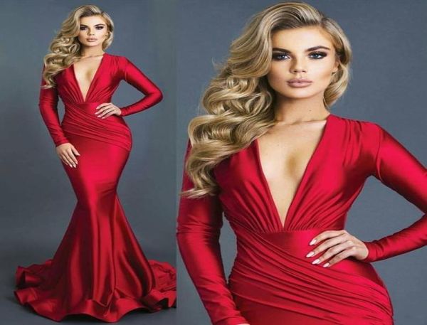 Rote Abschlussballkleider Deep V Hals Sweep Zug Langarm Mermaid Abendkleider Rüschen weich Satin formelle Kleiderparty Tragen Spezial Occas8670807