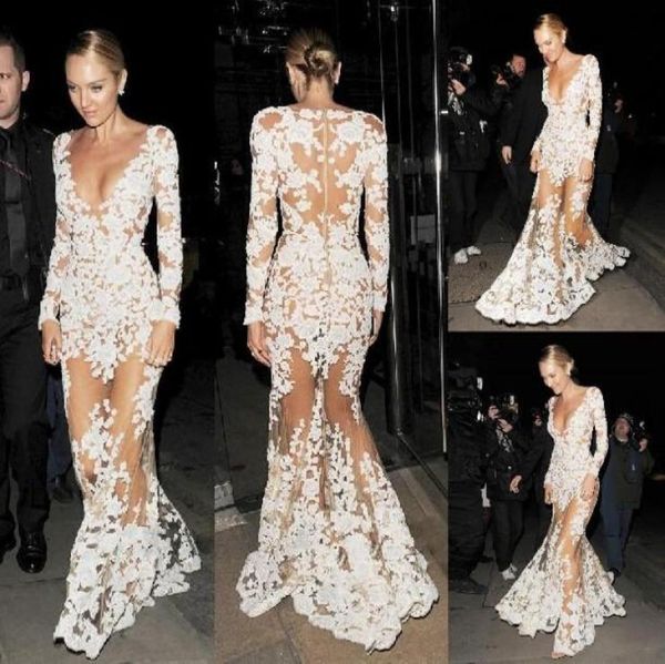 Zuhair Murad Meerjungfrau Abschlussballkleider Applikationen reine tiefe V -Neck -Illusion Langarm sexy Abschlussball roter Teppich Kleider Abend W9316194