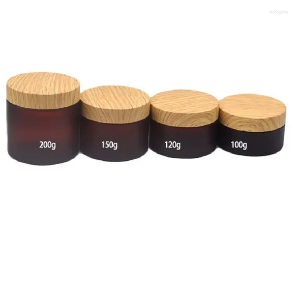 Aufbewahrung Flaschen 100 120 150 200g Haustier Plastikglässe Bernsteingefrorenes Haar Gel Körperpeelte Buttertopf Lotion Gesichtscreme mit falschem Holz Deckel