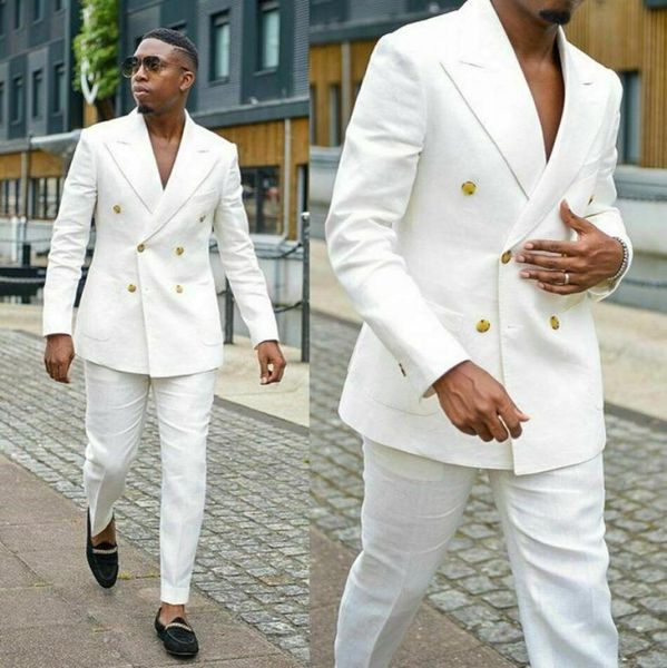 Weiße Männer Anzüge doppelte Bräuelen Bräutigam Rauchen Prom Mann Blazer Slim Fit Zwei Stücke Männer Hochzeit Anzüge Tuxedos Jackepants2176790