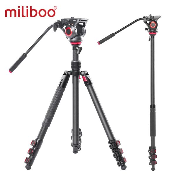 Monopods Miliboo MUFP Câmera Tripé Fibra de carbono Compacto Compact Tripé com Cabeça de arrasto de fluido Bola de nivelamento de 60 mm para Canon Nikon Sony