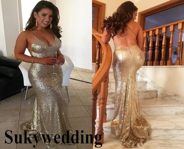 Vestidos de baile de sereia de lantejoulas de ouro Sparky Long Sexy Deep V pescoço de pescoço de costas