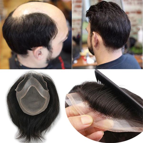 Toupee Eseewigs Herren Toupe natürliche Farbe 8x10 Remy Human Hair Toupe für Männer gerade Mono Net Swiss Spitzen vordere Toupe Haut PU herum