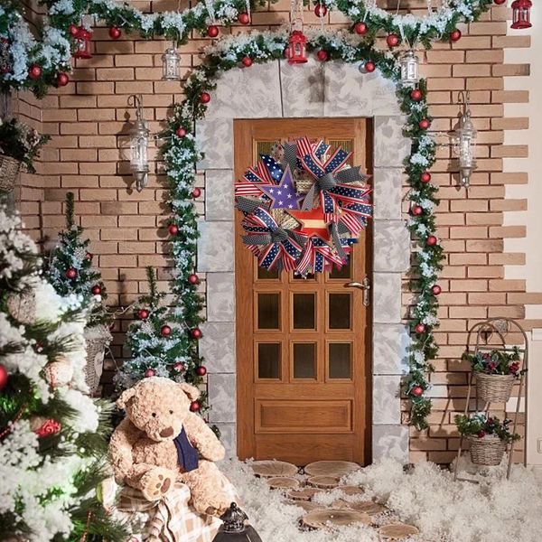 Flores decorativas Porta da frente Decorações de Natal 4 de julho de grinaldas patrióticas Memorial Day Red White and Blue American Flag