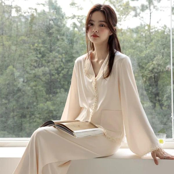 Kadın pijama 2024 İlkbahar/Yaz Buz İpek Pijamaları Uzun Kollu Fransız Lüks Dantel Gevşek Sonbahar Homewear Seti Kadın Düz Renk