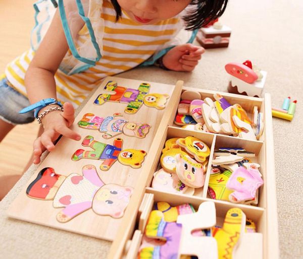 Quattro cuccioli cambiano vestiti di gioco bambini in legno che afferrano abiti da presa abbinati giocattoli puzzle fabbrica intero 4607791