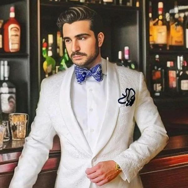 Abiti da uomo in tessuto bianco di alta qualità jacquard in tessuto singolo a scialle di bavaglio formale business smart casual terno da 2 pezzi pantaloni