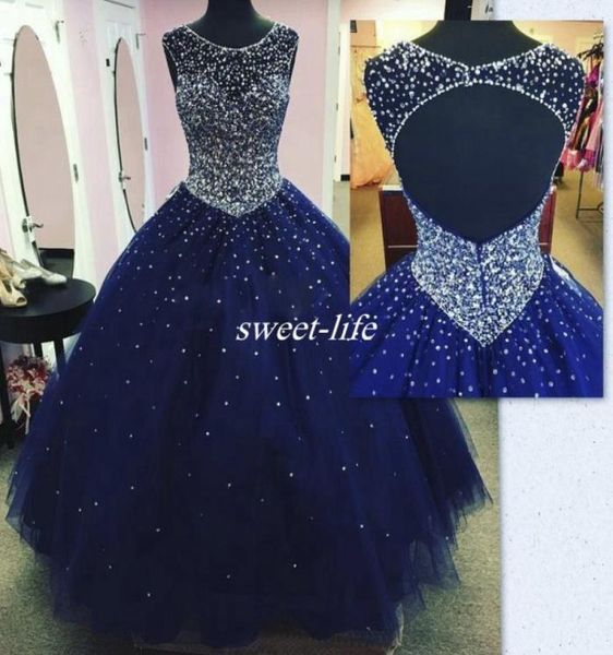 Темно -синее длинное платье Quinceanera 2020 плюс размер без спинки Crysatl Beaded Ball Hown Debutante Debutante Party Gowns vestido 15 Anos5259560