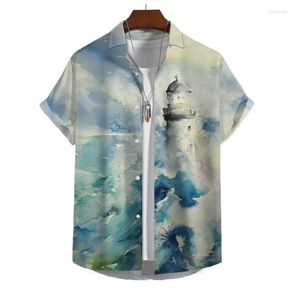 Camicie casual da uomo camicia estiva per uomo abbigliamento faro 3d stampone 3d hip hop hip hop sovradimensionato da spiaggia a manica corta camicetta