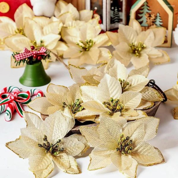 Dekorative Blumen 5pcs Weihnachten Glitzer künstlich für Wohnkultur Dekorationen Weihnachtsbaum Anhänger Navidad Jahr 2024 Ornamente