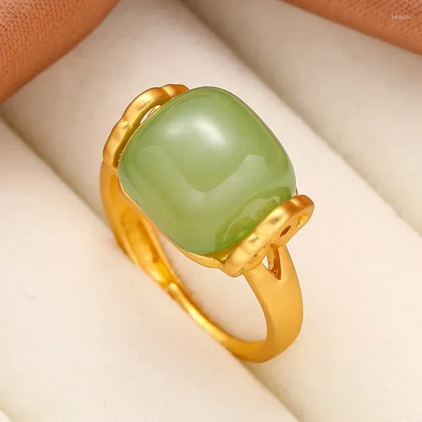 Кластерные кольца винтажный золотой цвет инкрустированный зеленый камень для женщин девочки 2024 Регулируемая мода кольцо нефрит.