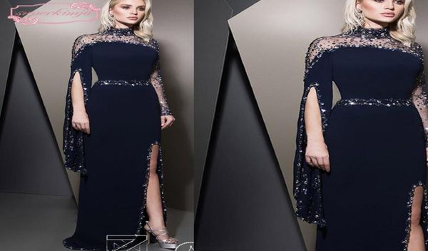 Ziad Nakad Navy Blue Blue Evening Kleider hohe Nackenperlen -Pailletten Langarmscheide Side Sace Bodlange Lange Abendkleider6113160