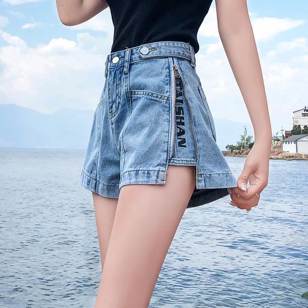 S-5xl Womens Denim Shorts Mode Vintage High Taille Blue Wide Leg Female Seite Reißverschluss Caual Summer Ladies Shorts Jeans 240329