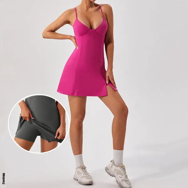 Conjuntos ativos 2024 Pad Suede Nude Sports Anti -shorts ioga Conjunto de ioga One Piece Mumnsuit Women Gym Tennis Skirt Fitness Running Dress