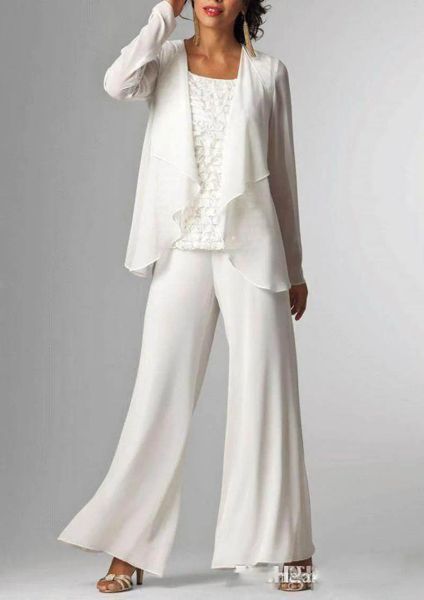 Ternos de chiffon branca Lady Mother Sits com jaqueta mãe dos vestidos de noiva 3 peças vestidos de noite formal