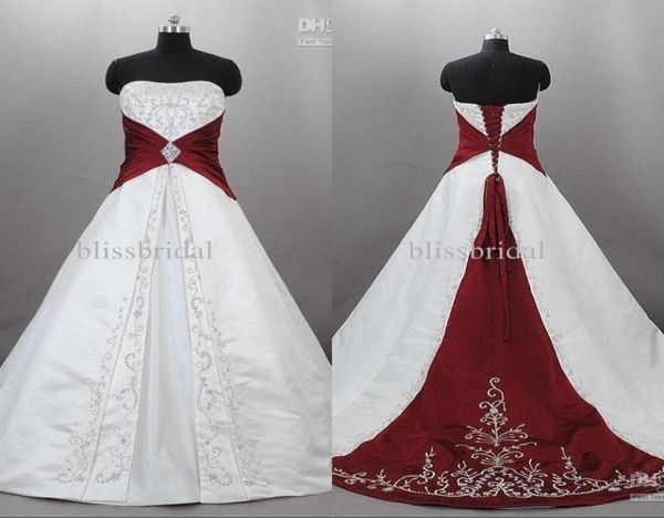 Junoesque trägerloser Satin Stickerei Rot und weiße Brautkleider Zuhair Murad Schnürung mit Sweep -Zug Brauthochzeitskleider Cust2707901