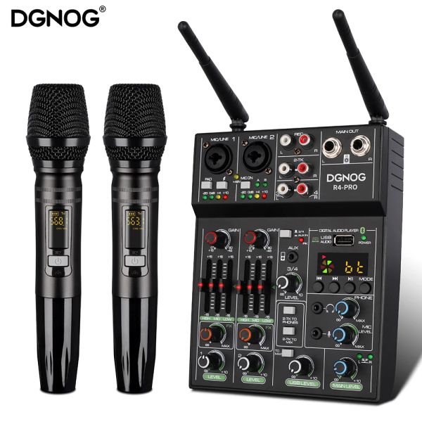 Equipamento 4 canal Mixer de áudio USB com mixers de som de Microfone sem fio com Bluetooth Rec DJ Console Mixagem para karaokê