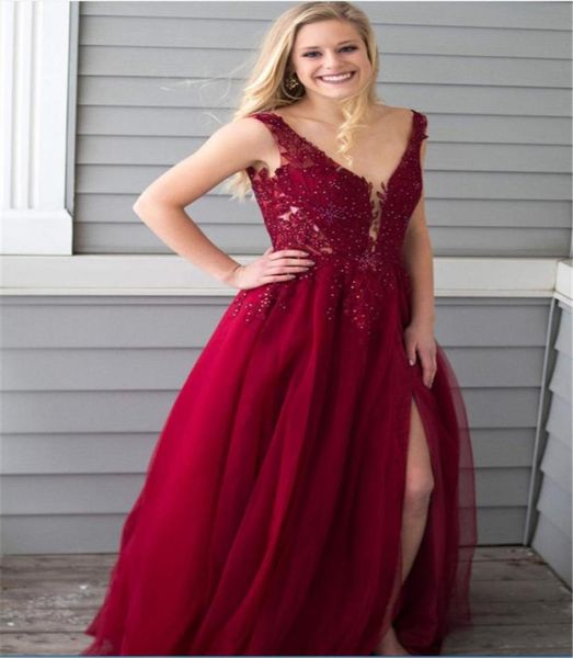 Prinzessin v Hals Red Chiffon Langes Abschlussballkleid mit Seitenschlitz Applique Spitze Sheer Mieder Mieder ab Abendkleid Graduierungskleider3817742