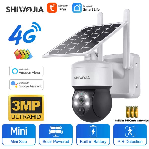 Камеры Shiwojia Tuya Solar Camera 4G SIM 3MP Wi -Fi Солнечная панель с питанием камеры безопасности на открытом воздухе PTZ Superaint Security