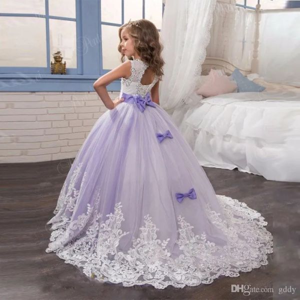 Vestidos 2020 Princesa Lilac Little Bride Long Pageant Dress for Girls Glitz Buffy Tulle Prom Dress Crianças vestido de formatura vestido