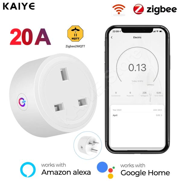 Câmeras Zigbee Smart Plug 20A UK Power Strip Mini Outlet Wireless Socket With Energy Monitor Compatível com Alexa Google Home Tuya Hub