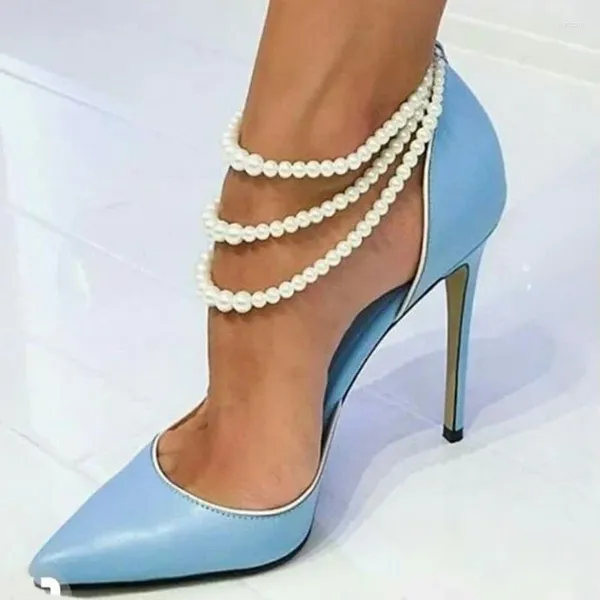 Elbise ayakkabıları beyaz inci sığ kadınlar yüksek topuk pompaları mavi patent deri kesikler ince topuklu düğün kulübü boyutu 45