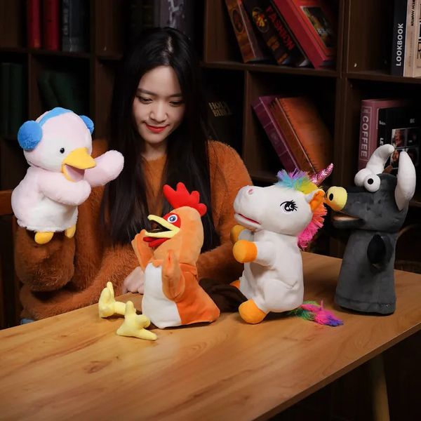 Kawaii eşek tavşan tek boynuzlu at horoz peluş el kukla sevimli doldurulmuş hayvan tavşan panda peluş oyuncak bebek Noel çocukları için hediye 240328