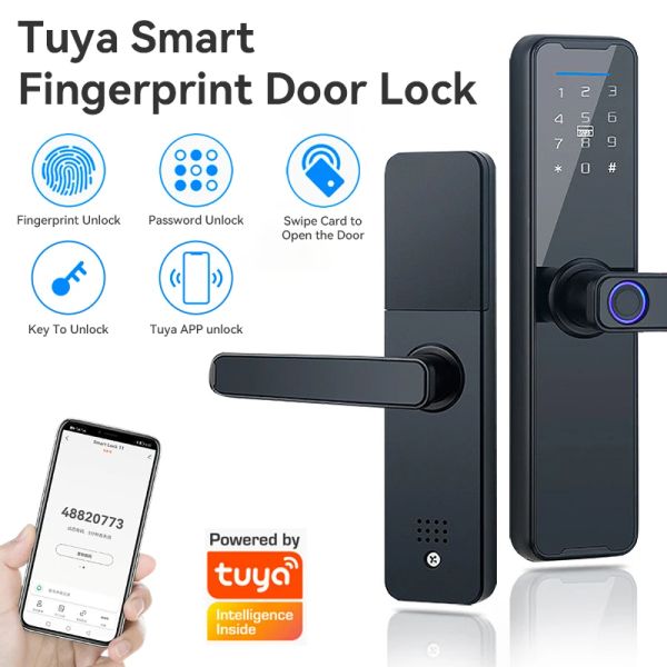 Bloquear a trava eletrônica de porta inteligente para Tuya App Biométrico Printing Smart Card Senha Chave Desbloquear o carregador de emergência USB