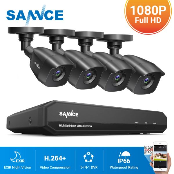 Sistema Sannce 4CH HD 1080p Sistema CCTV 1080p Saída CCTV DVR HD 2.0MP Câmeras de segurança no kit de vigilância à prova d'água noturna