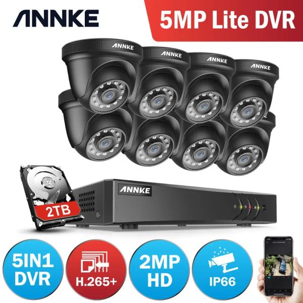 Sistema Annke 1080p Câmera CCTV DVR Sistema 8pcs impermeabilizado 2.0mp HDTVI Câmeras de cúpula preta Kit de vigilância de vídeo caseiro Detecção de movimento