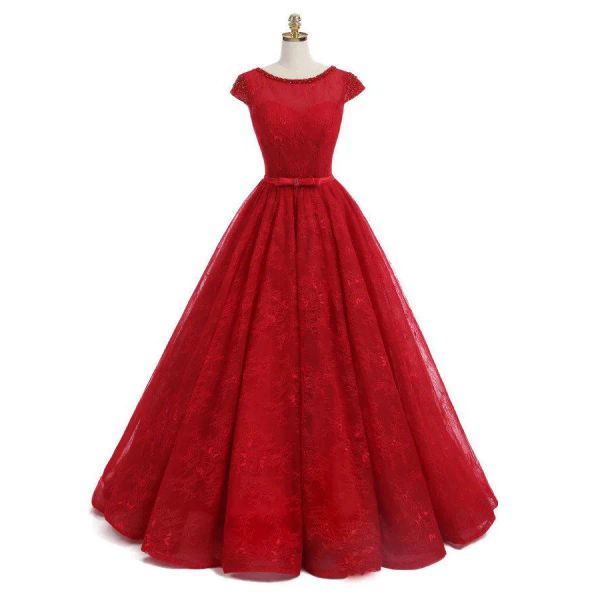 Kleider Schaufel Ausschnitt Kurzärmele Perlen Schnüre langen Plus -Größe Ballkleider Prom Kleider Partykleider rote Spitze Abendkleider