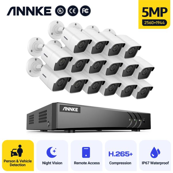 Sistema Annke 16CH 5MP Lite HD Sistema de segurança de vídeo 5in1 H.265+ DVR com 16x Kit de vigilância de câmera à prova d'água ao ar livre de 5MP de 5MP CCTV