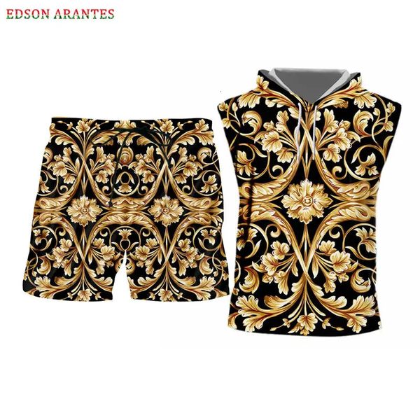 Tanque de capuz sem mangas de verão Topssshorts de 2 peças de peças de peças de roupas unissex Golden Floral 3D Print Gym RESTERSUITS Custom s-6xl240402