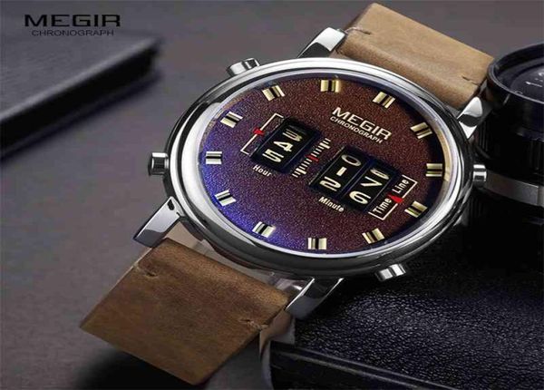 Megir New Top Band Watches Men Military Sport Brown Leather Quartz Wrist Watt