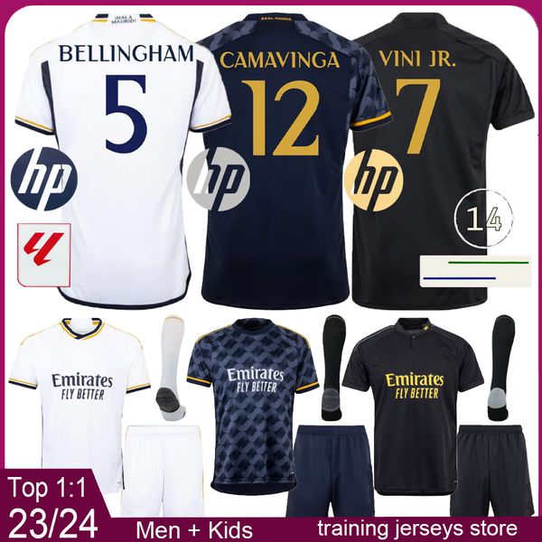 Maglie da calcio del Real Madrid Mens Kit Kids 2023 2024 Bellingham Vini Jr Modric Men Jersey 23 24 Home Away Boys Shirts Kit Camiseta de futbol