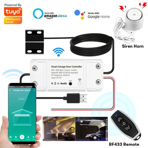 Controle Smart Life Wi -Fi Porta de garagem abridor de portas Siren alarme sem fio RF 433 Remote + Tuya App Control Works com Alexa Google Home