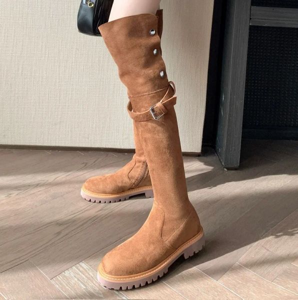 Stiefel über Kniestiefeln Seite Reißverschlüsse Herbststiefel Einfache Stretch Wildleder Schuhe warme Winterstiefel mit heißen Mädchen Fashinschuhe