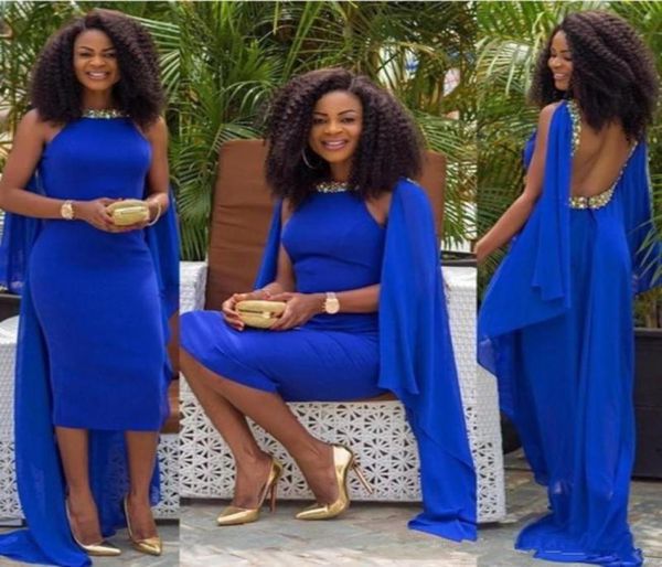 Real -azul chiffon de estilo africano vestidos de chá comprimento de chá com capas com contas de bijes